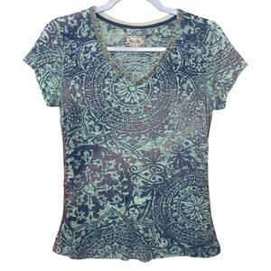 Miss Me Burnout T-Shirt V Neck Beaded Blue Purple Mandala M Y2K Biker Rocker